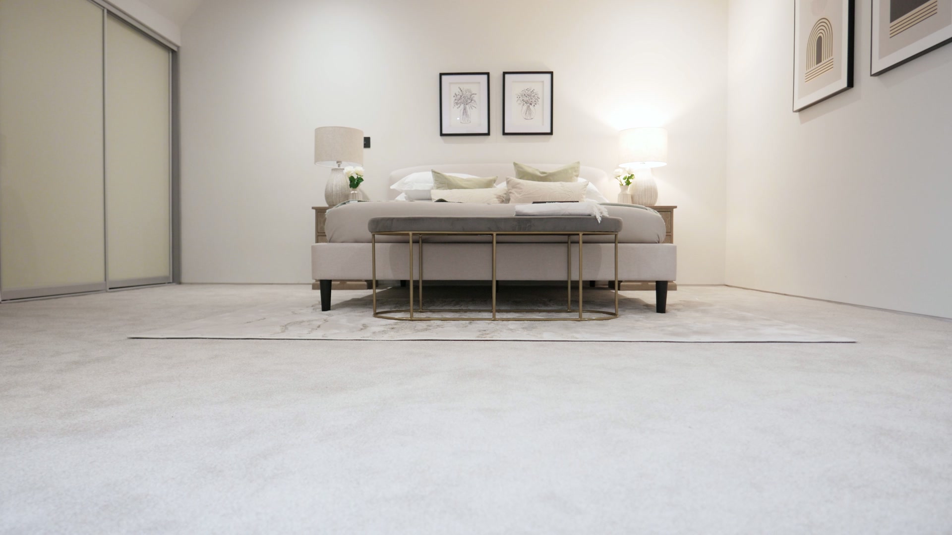 Professionally lit bedroom interior prepared for property video